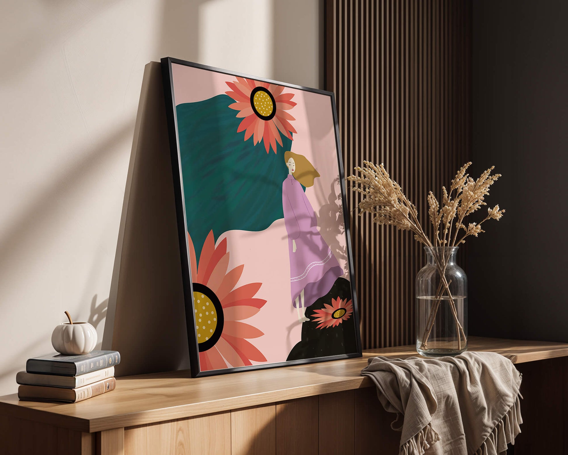Stylized illustration of woman with vibrant floral elements