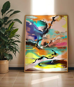 Pintura abstracta colorida con líneas vibrantes y dinámicas