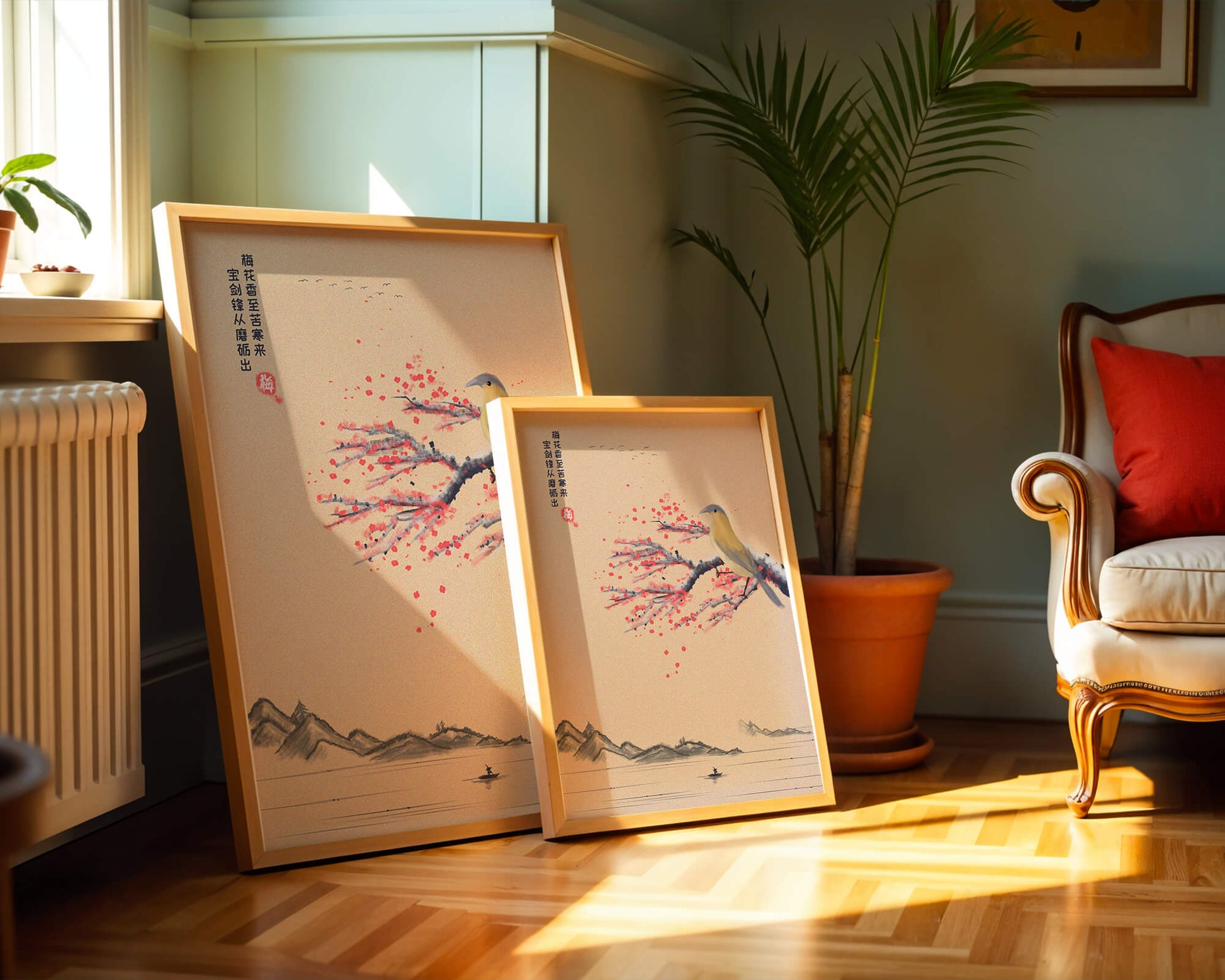 Traditional Chinese painting with bird and blossom branch over tranquil landscape