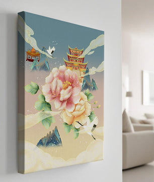 Elegant Asian Landscape With Pagoda, Cranes, and Peonies