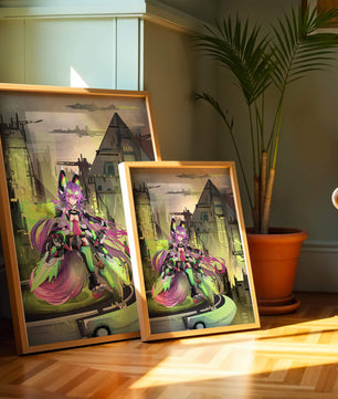 Cyberpunk-Anime-Figur im futuristischen Stadtbild 
