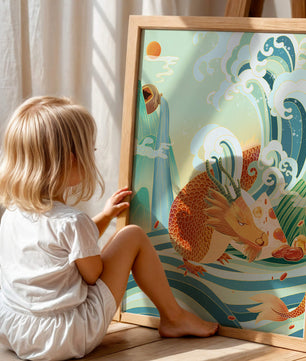 Dragon mythique au milieu de vagues stylisées et de montagnes aux couleurs vives