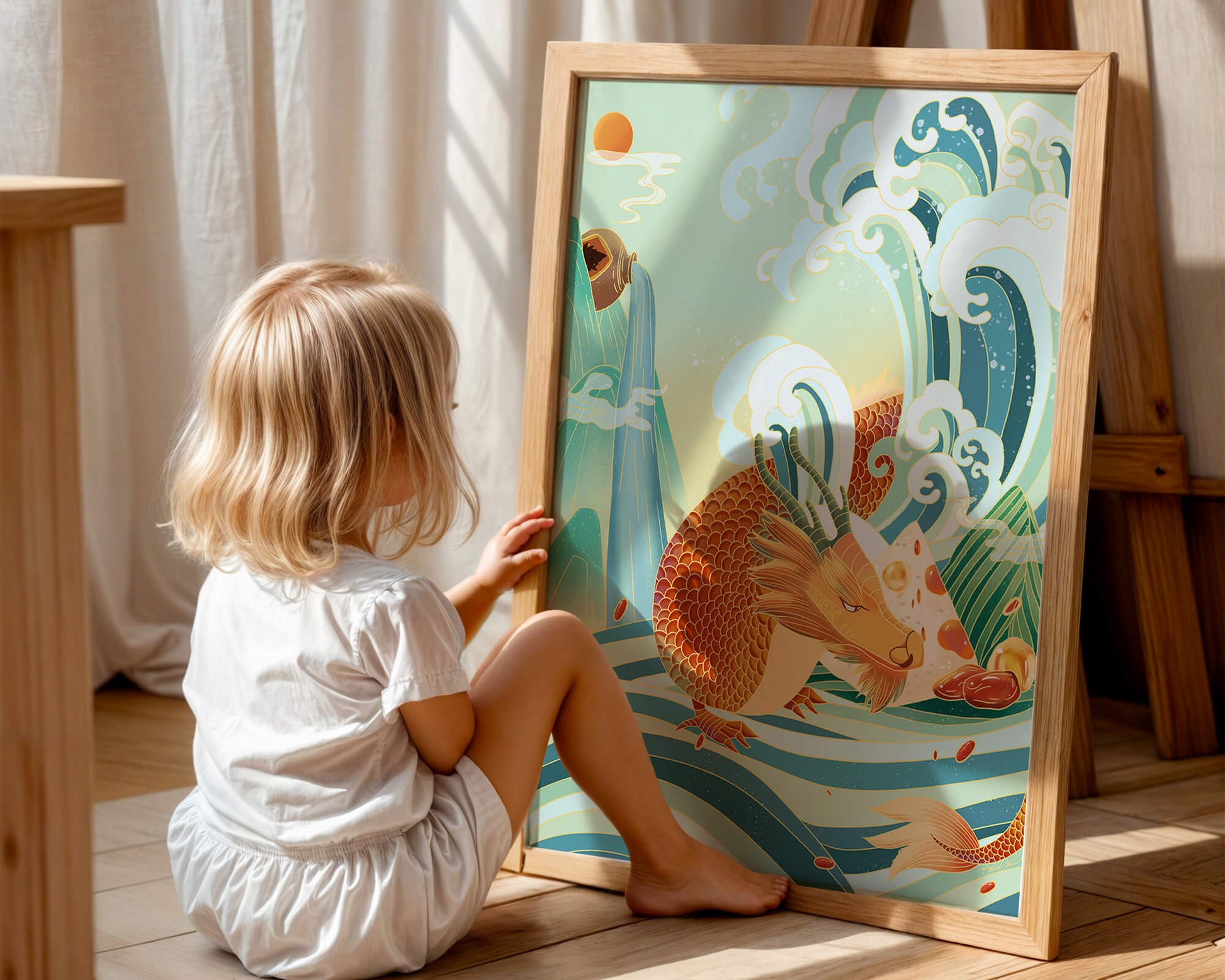 Mythical dragon amidst stylized waves and mountains in vibrant colors