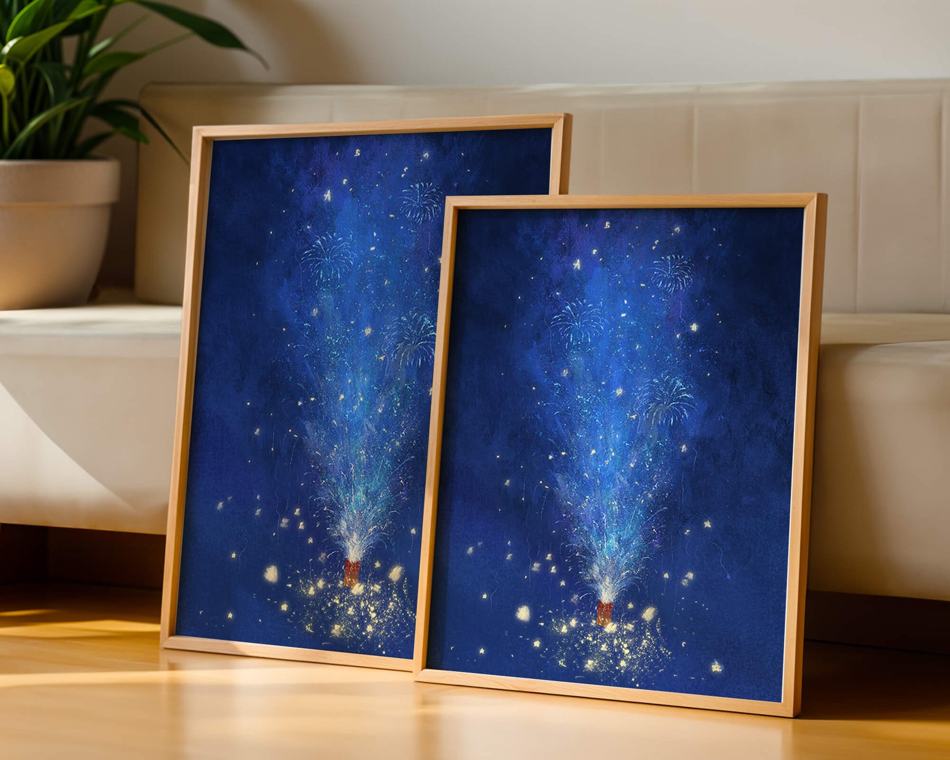Feu d'artifice bleu dans la nuit avec étincelles dorées