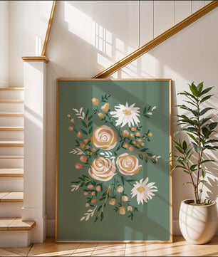 Floral illustration with roses and daisies on green background