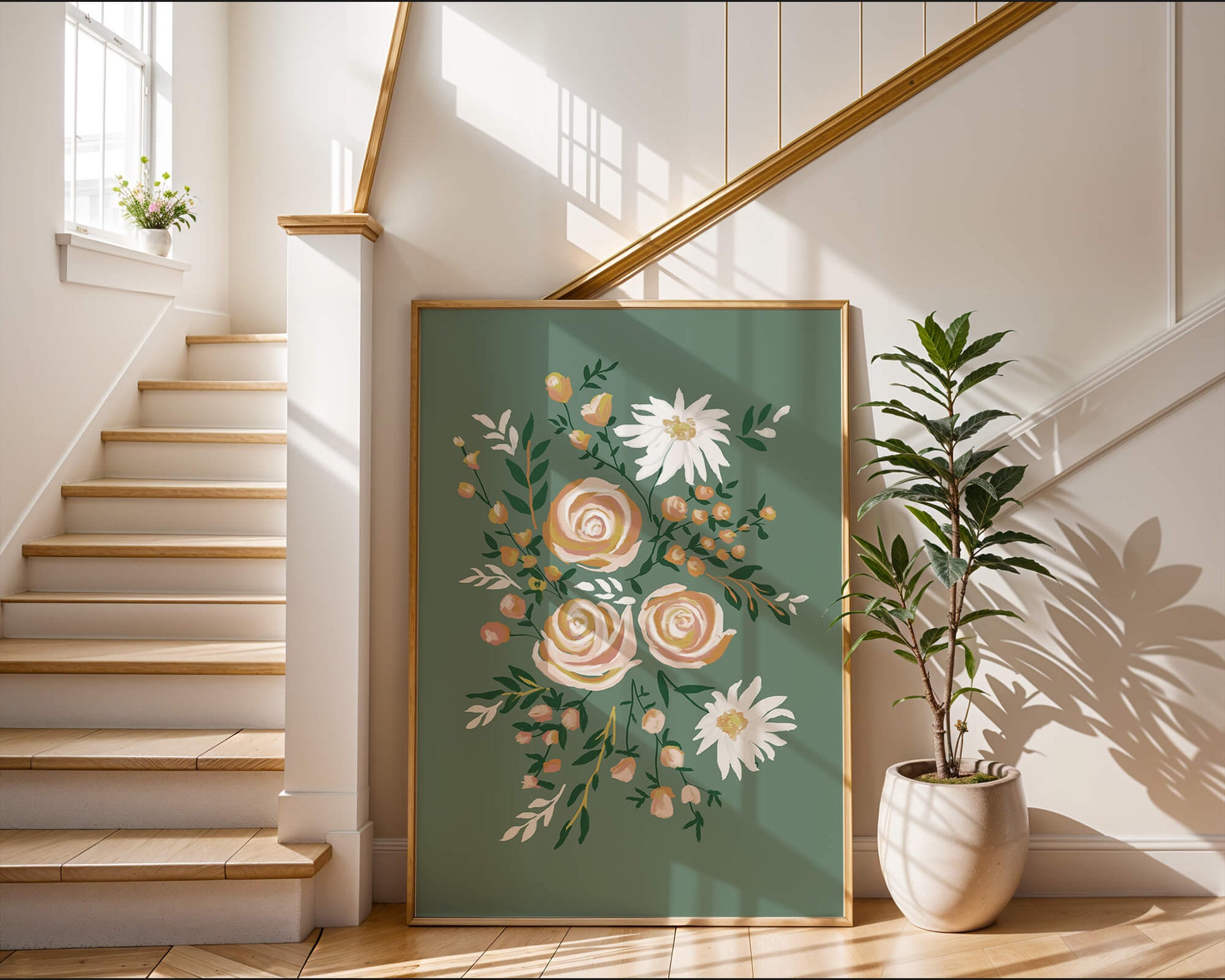 Floral illustration with roses and daisies on green background