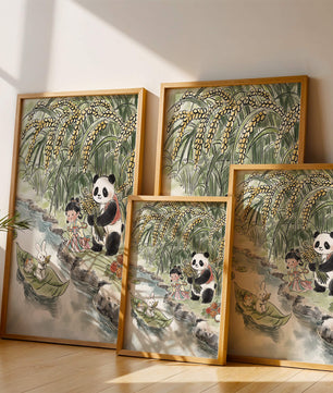 Escena caprichosa con un panda y un conejo junto al río
