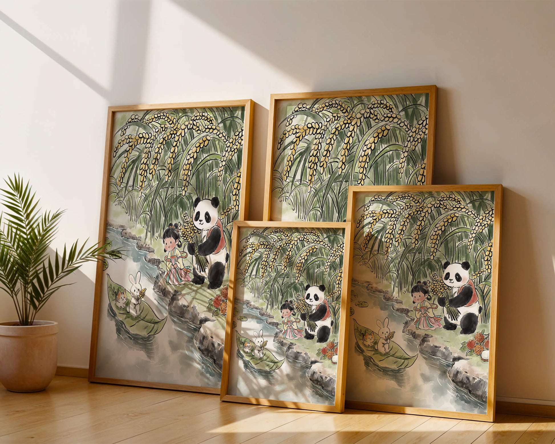 Escena caprichosa con un panda y un conejo junto al río