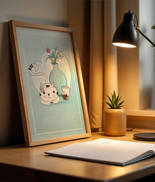 Cute Cat with Flowers, Cup, and Vase on Blue Background - Mi tienda