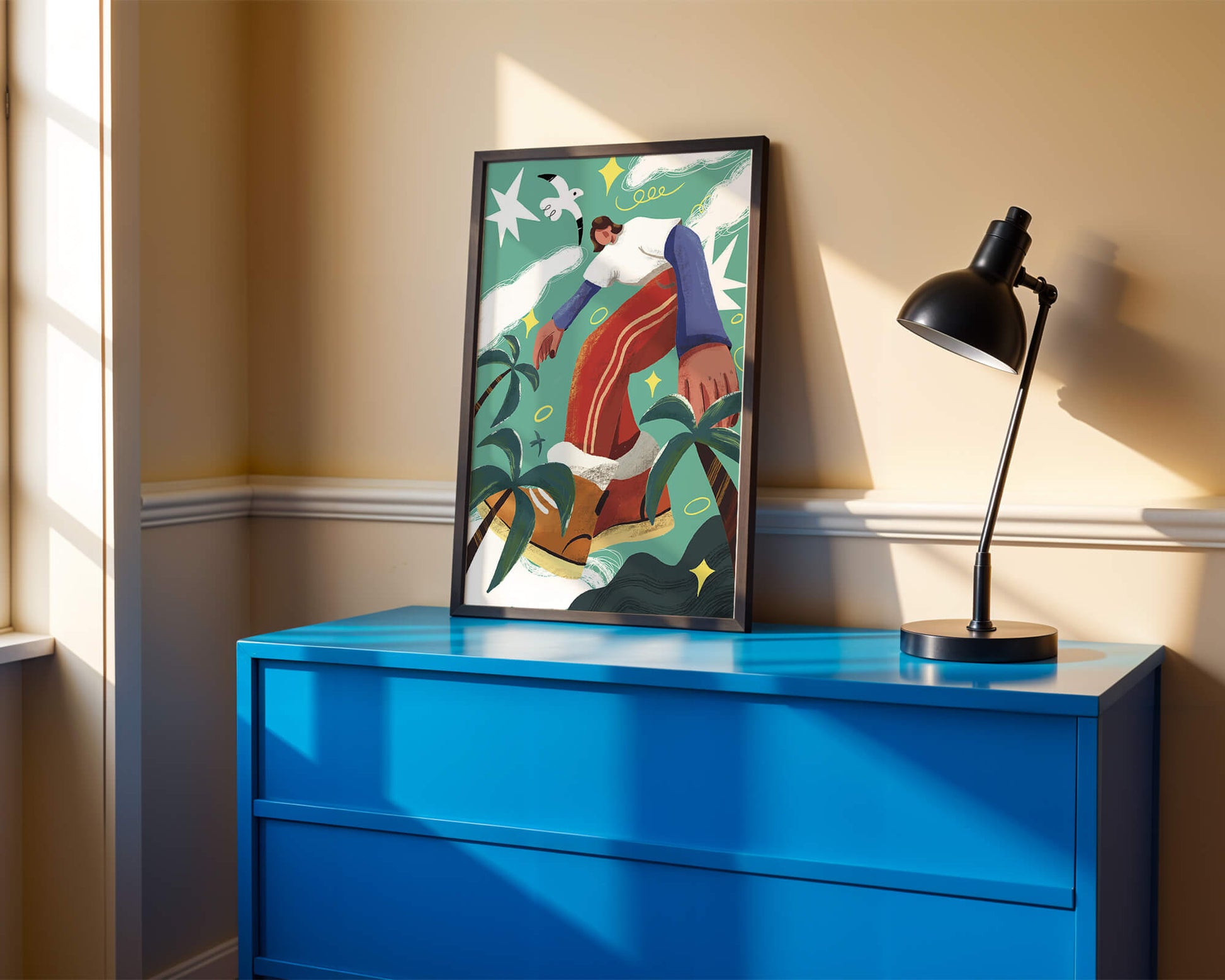 Colorful Abstract Surreal Landscape with Giant Figure and Nature Elements