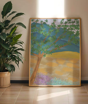 Paisaje pintoresco con árbol vibrante y fondo colorido