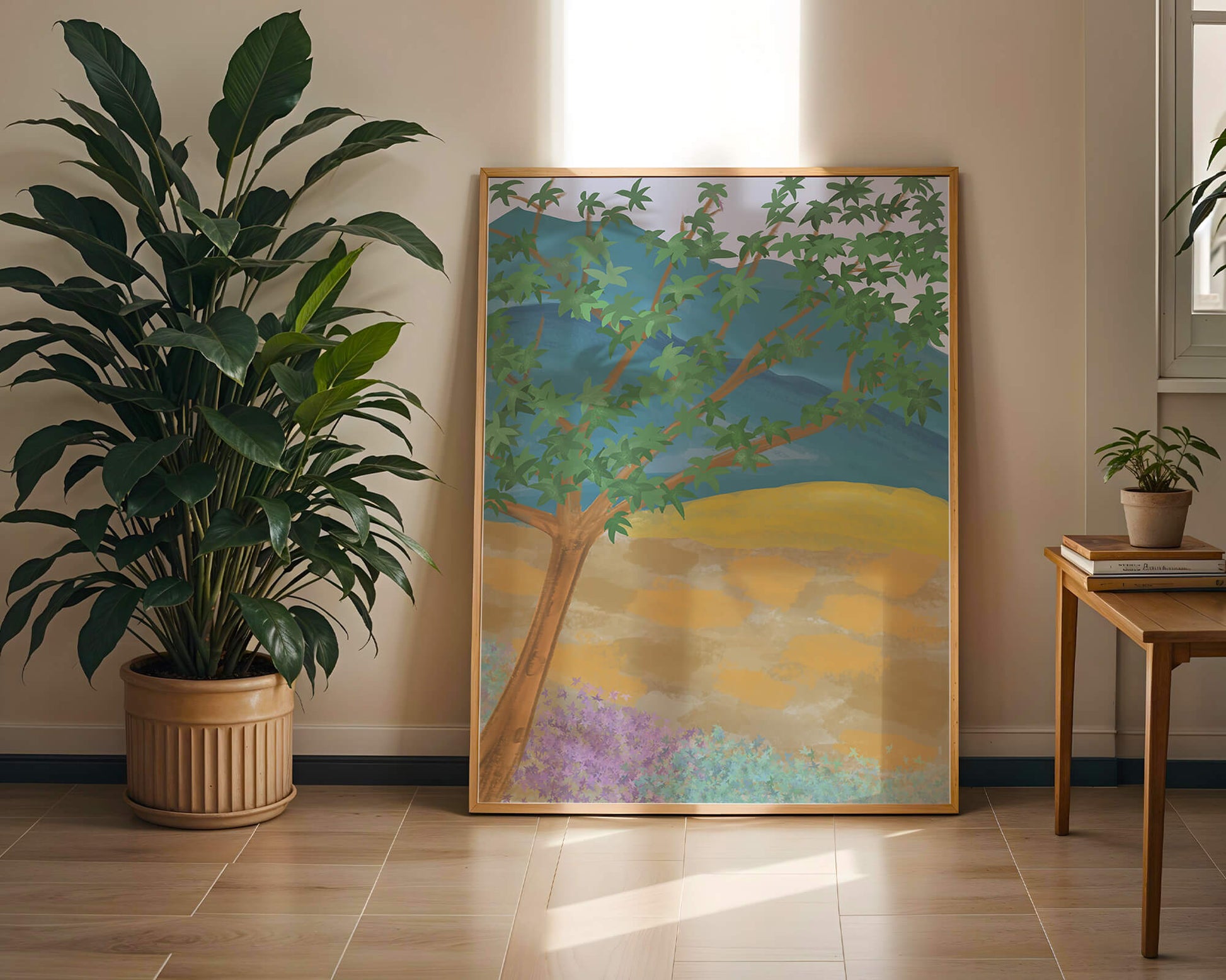 Paisaje pintoresco con árbol vibrante y fondo colorido