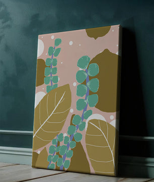 Diseño botánico abstracto con hojas verdes y doradas.