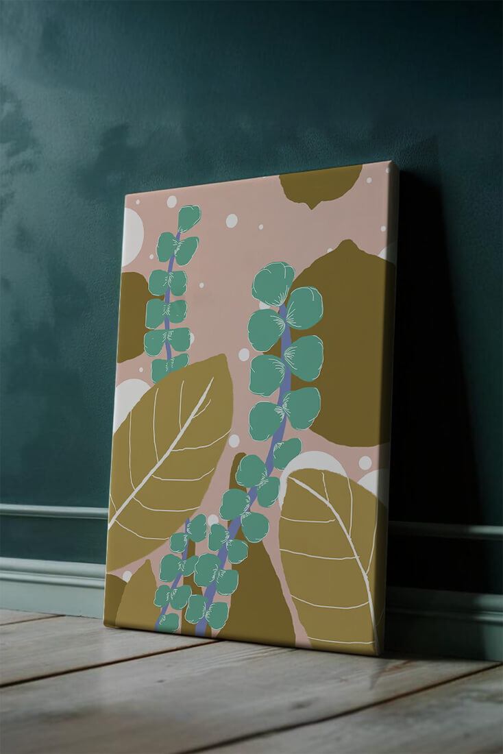 Abstract botanical design with green and golden leaves