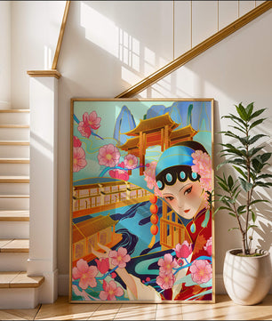 Traditional Asian art with cherry blossoms and architecture