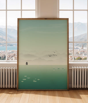 Paisaje sereno con pagoda y aves sobre un lago brumoso