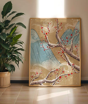 Traditional Japanese landscape with blooming cherry branches
