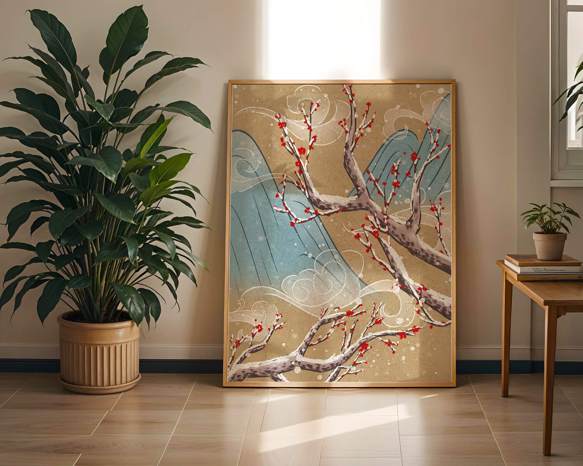 Traditional Japanese landscape with blooming cherry branches