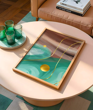 Composición abstracta con elementos dorados sobre fondo turquesa y marrón