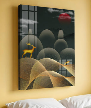 Golden Deer on Abstract Landscape with Red Sun and Pagoda
