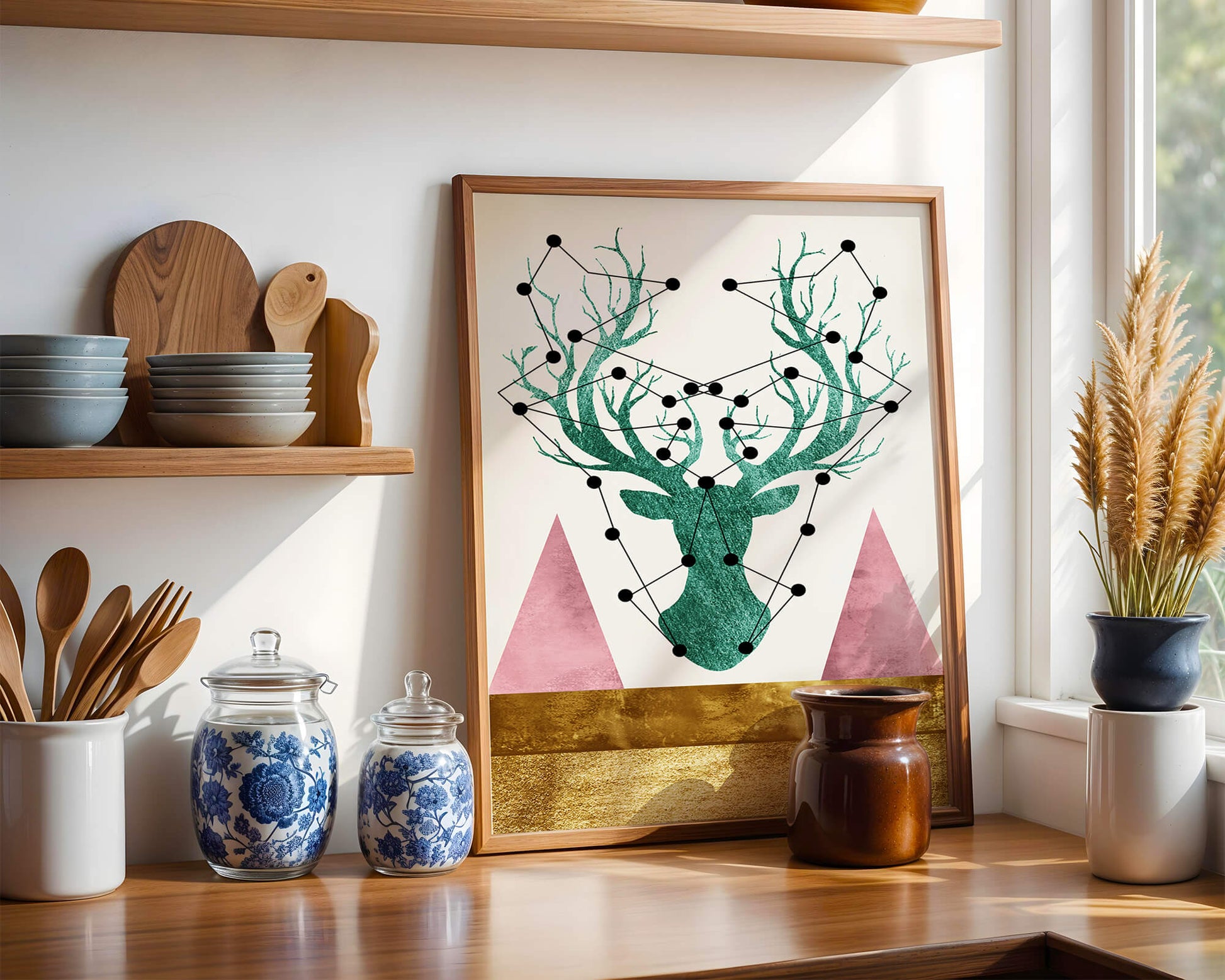 Geometric Deer with Abstract Elements and Gold Accents