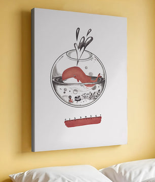 Ilustración de una ballena dentro de una pecera con una regla rosa