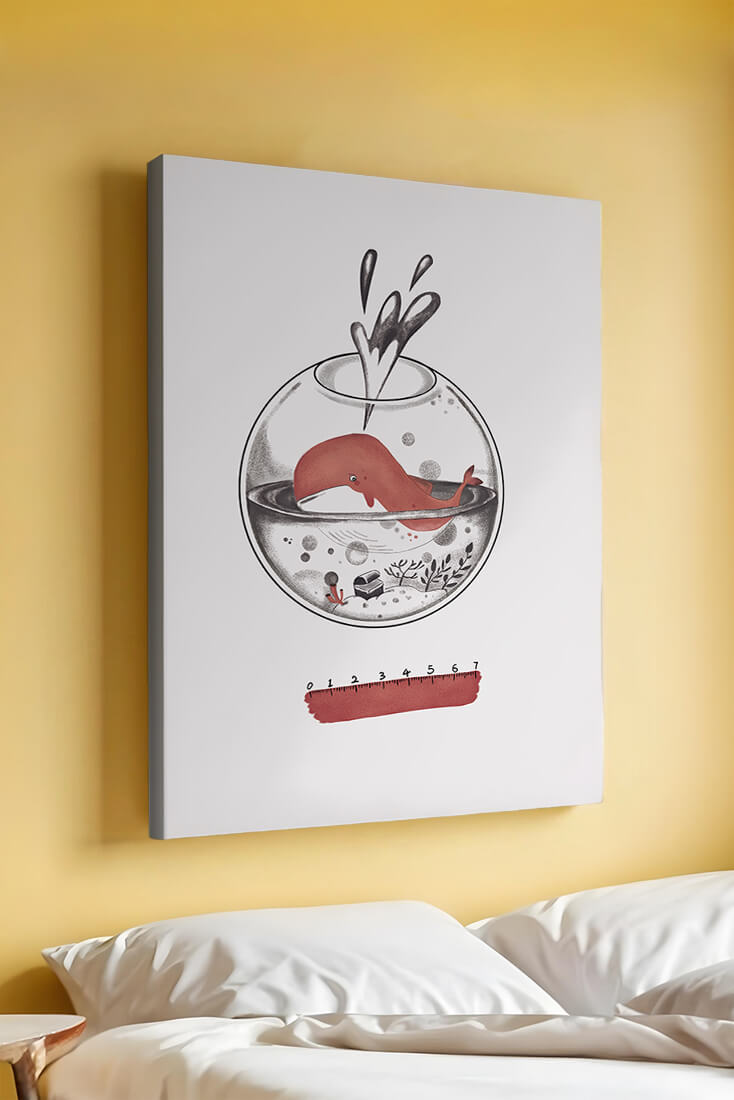 Illustration of a whale inside a fishbowl with a pink ruler