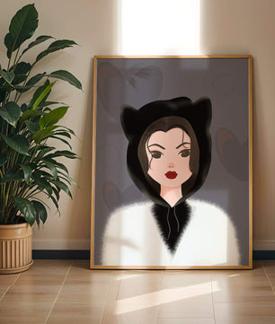 Illustration of a woman in a cat hoodie on a soft gray background