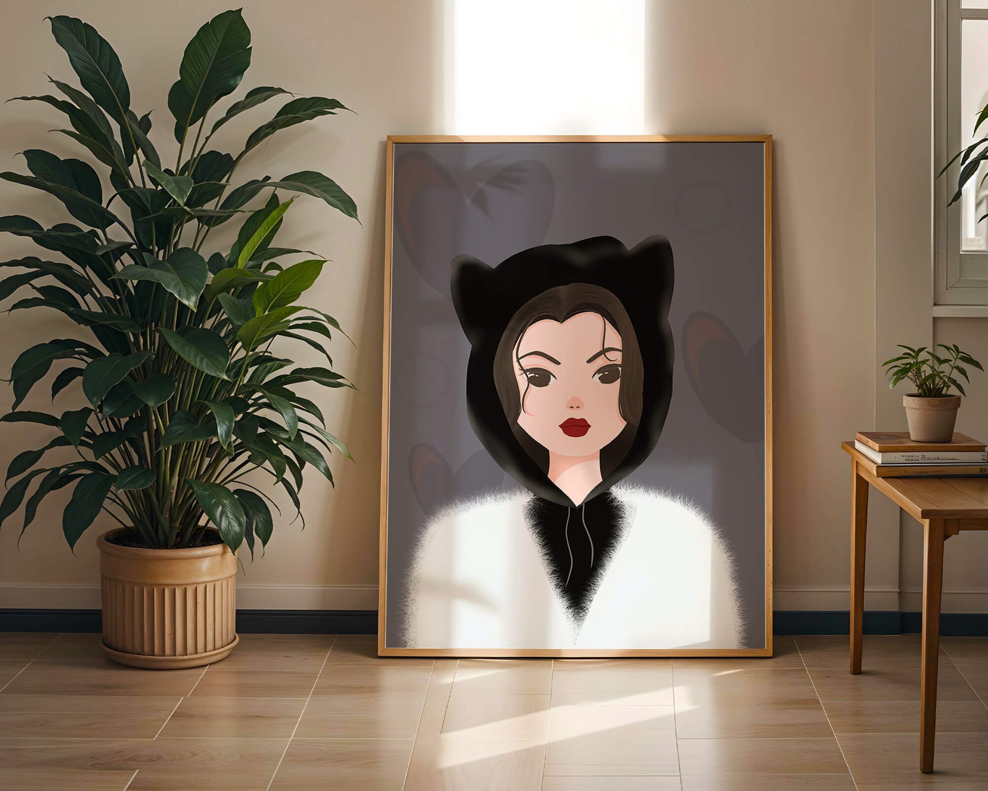 Illustration of a woman in a cat hoodie on a soft gray background