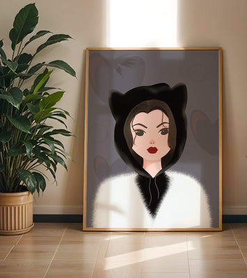 Illustration of a woman in a cat hoodie on a soft gray background