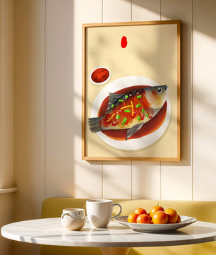 Illustration of a colorful fish dish with garnish