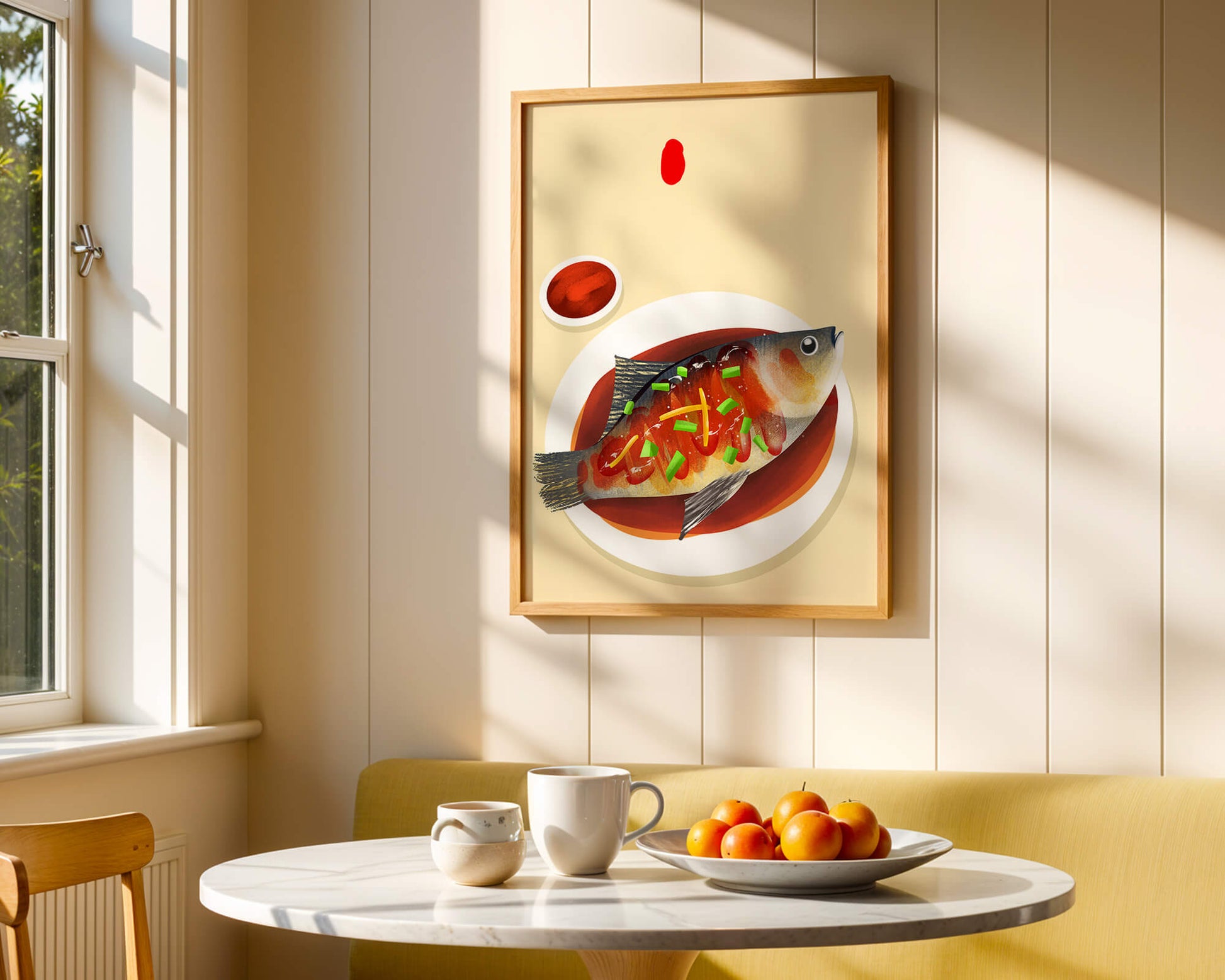 Illustration of a colorful fish dish with garnish
