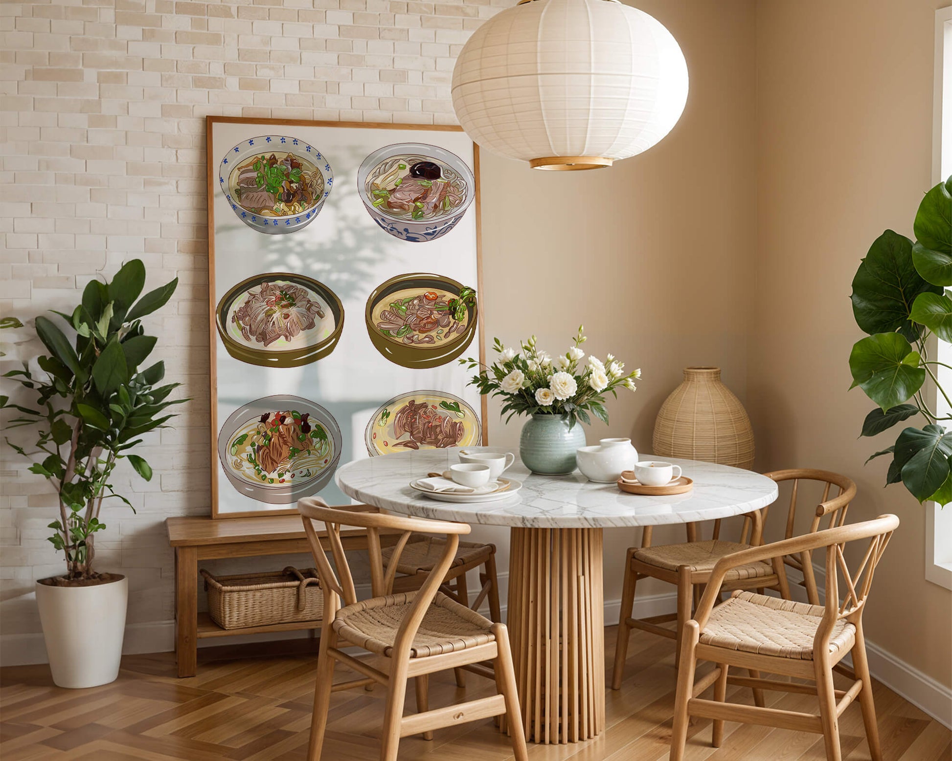 Illustrated bowls of Asian noodle soups with herbs and vegetables