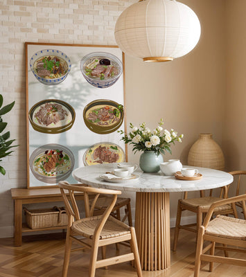 Illustrated bowls of Asian noodle soups with herbs and vegetables