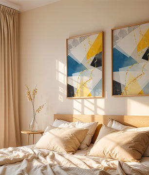 Abstract Geometric Art with Gold Accents in Blue, Yellow, and Gray - Mi tienda