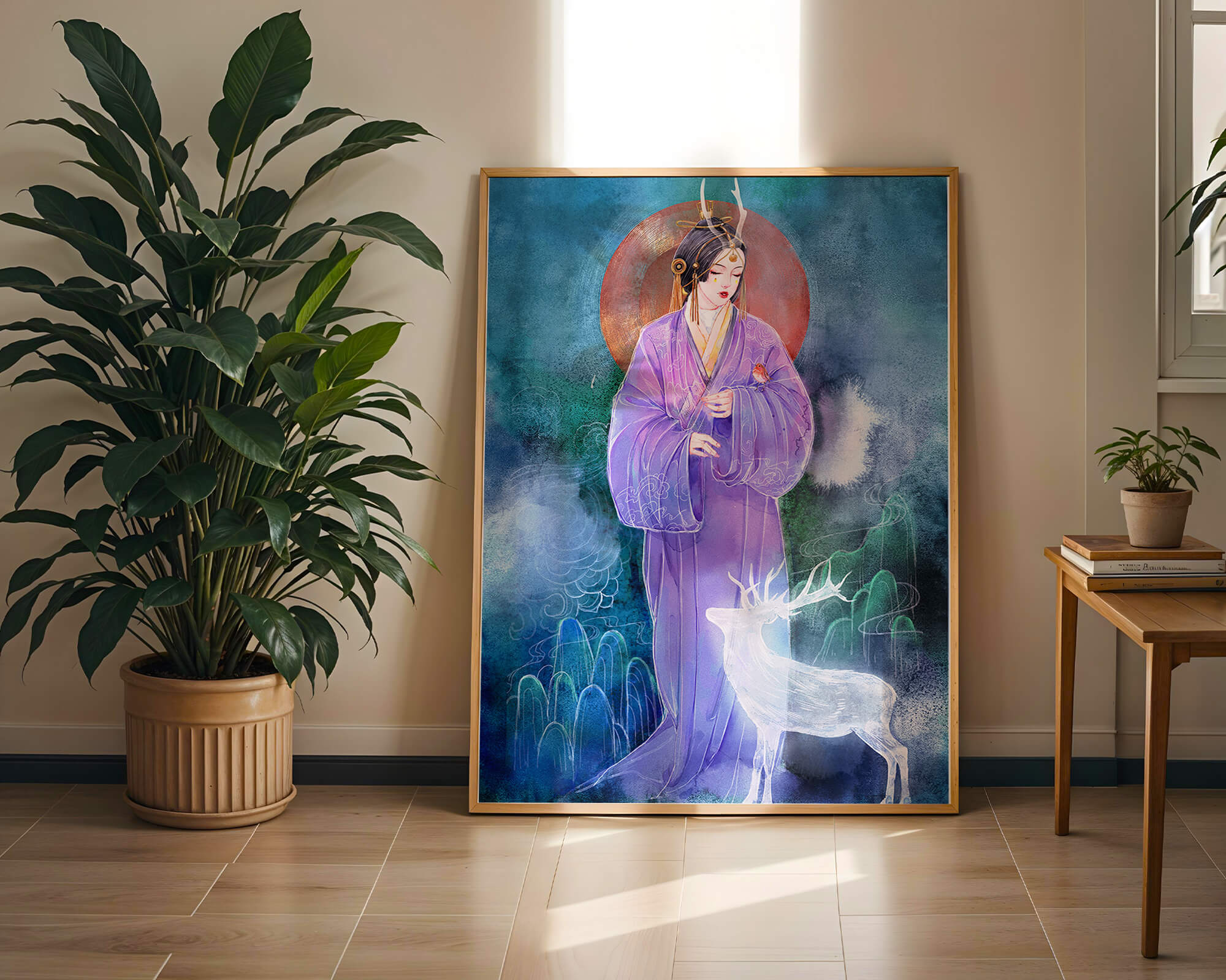 Elegant woman in traditional attire with a mystical deer set against a serene backdrop