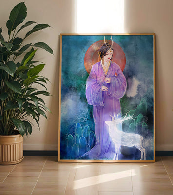 Elegant woman in traditional attire with a mystical deer set against a serene backdrop