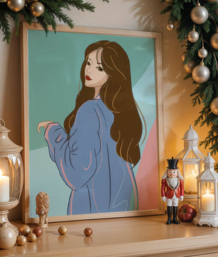 Illustration of woman with long hair and blue jacket
