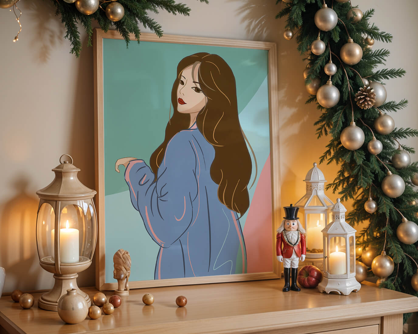 Illustration of woman with long hair and blue jacket
