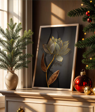 Elegant Gold Outlined Lotus On Dark Background - Mi tienda