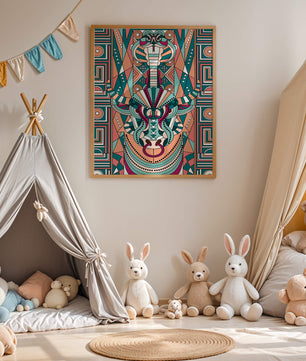 Ilustración art déco geométrica intrincada de serpiente y toro