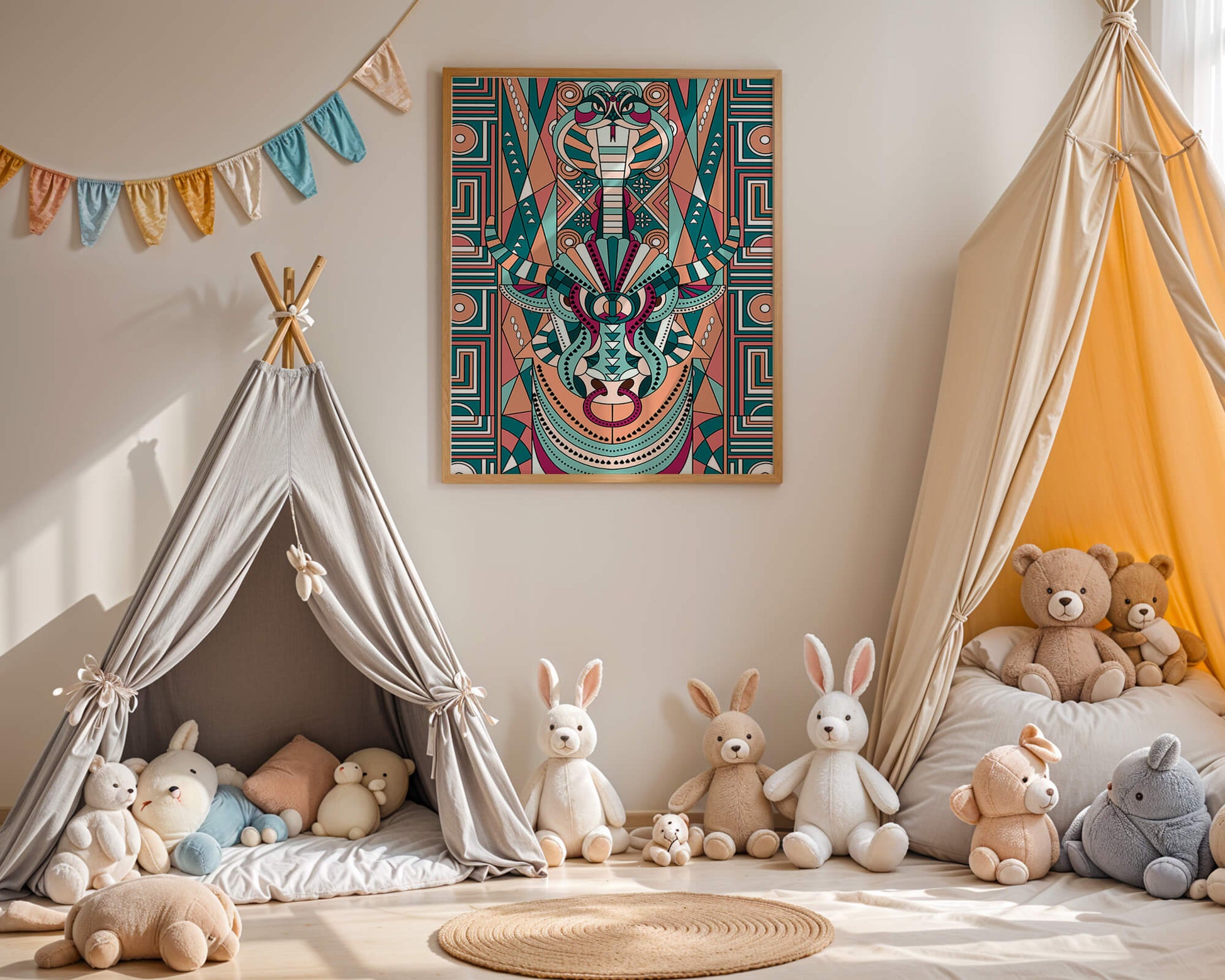 Ilustración art déco geométrica intrincada de serpiente y toro