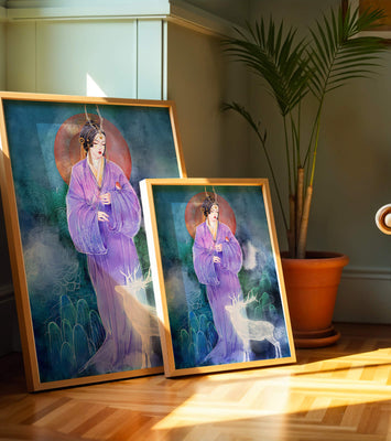 Elegant woman in traditional attire with a mystical deer set against a serene backdrop