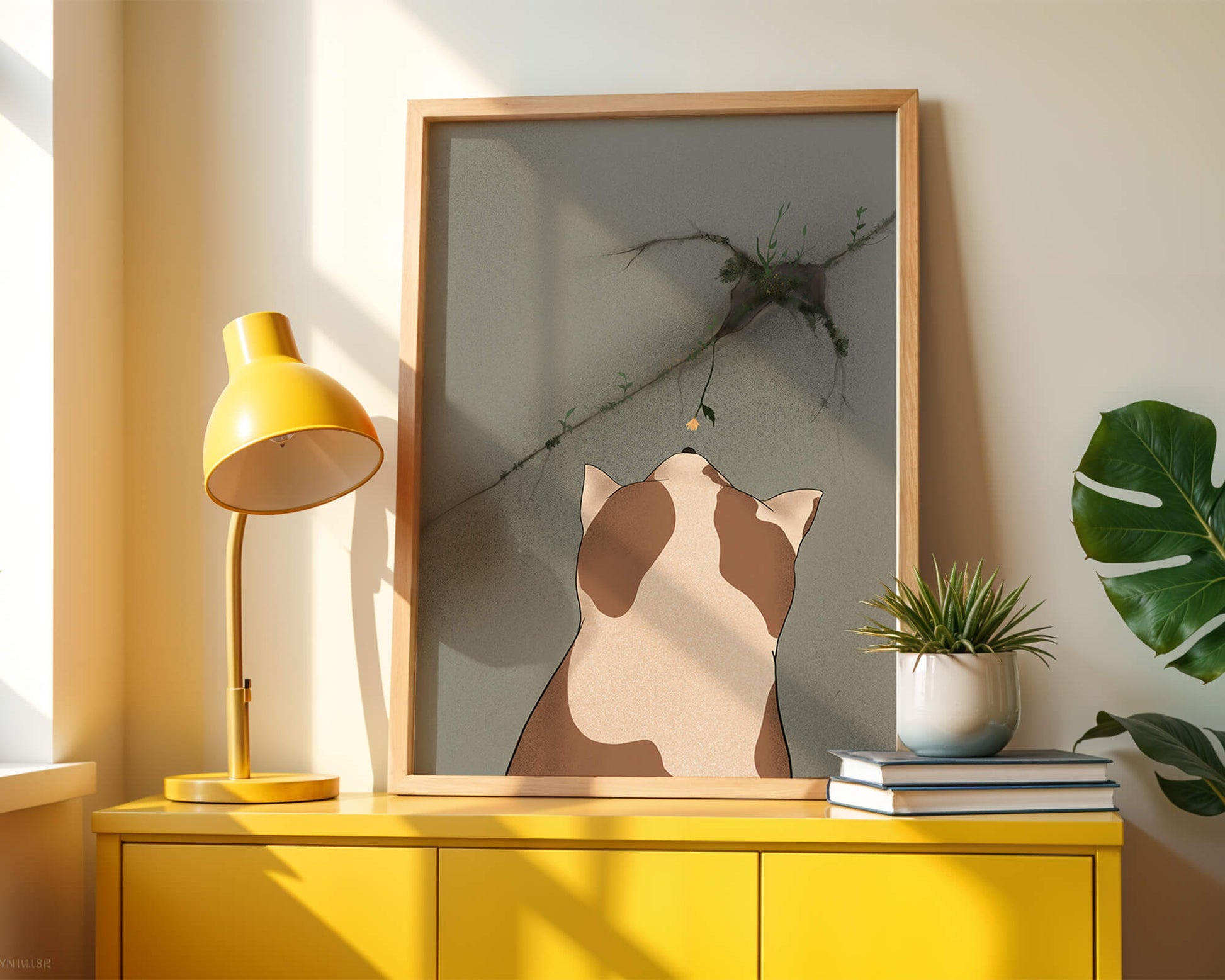 Chat observant une fleur poussant sur un mur fissuré