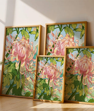 Belle illustration florale avec chrysanthème et feuilles vertes