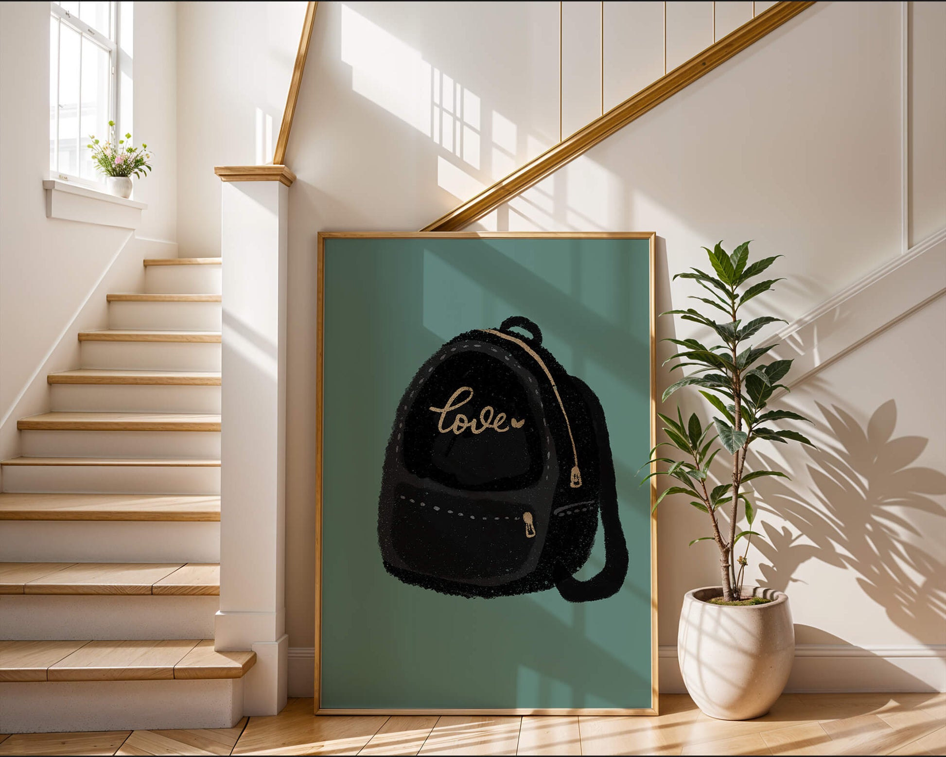 Elegant black backpack with gold accents and love inscription