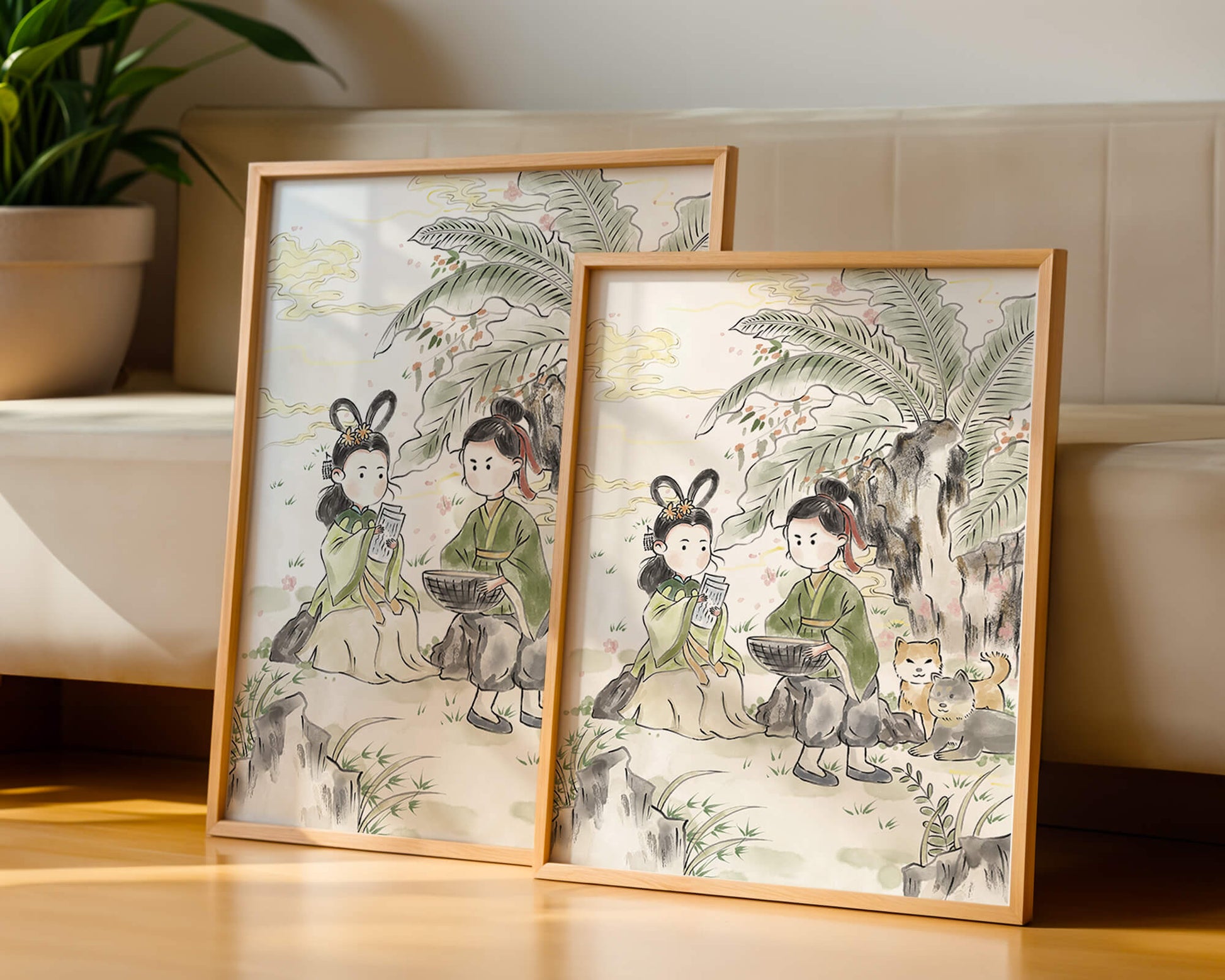 Arte asiático tradicional con dos personas y perros bajo un árbol