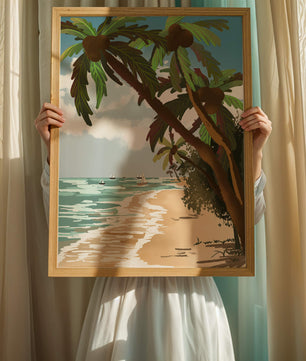 Tranquil Beach Scene with Palm Trees and Sailboats