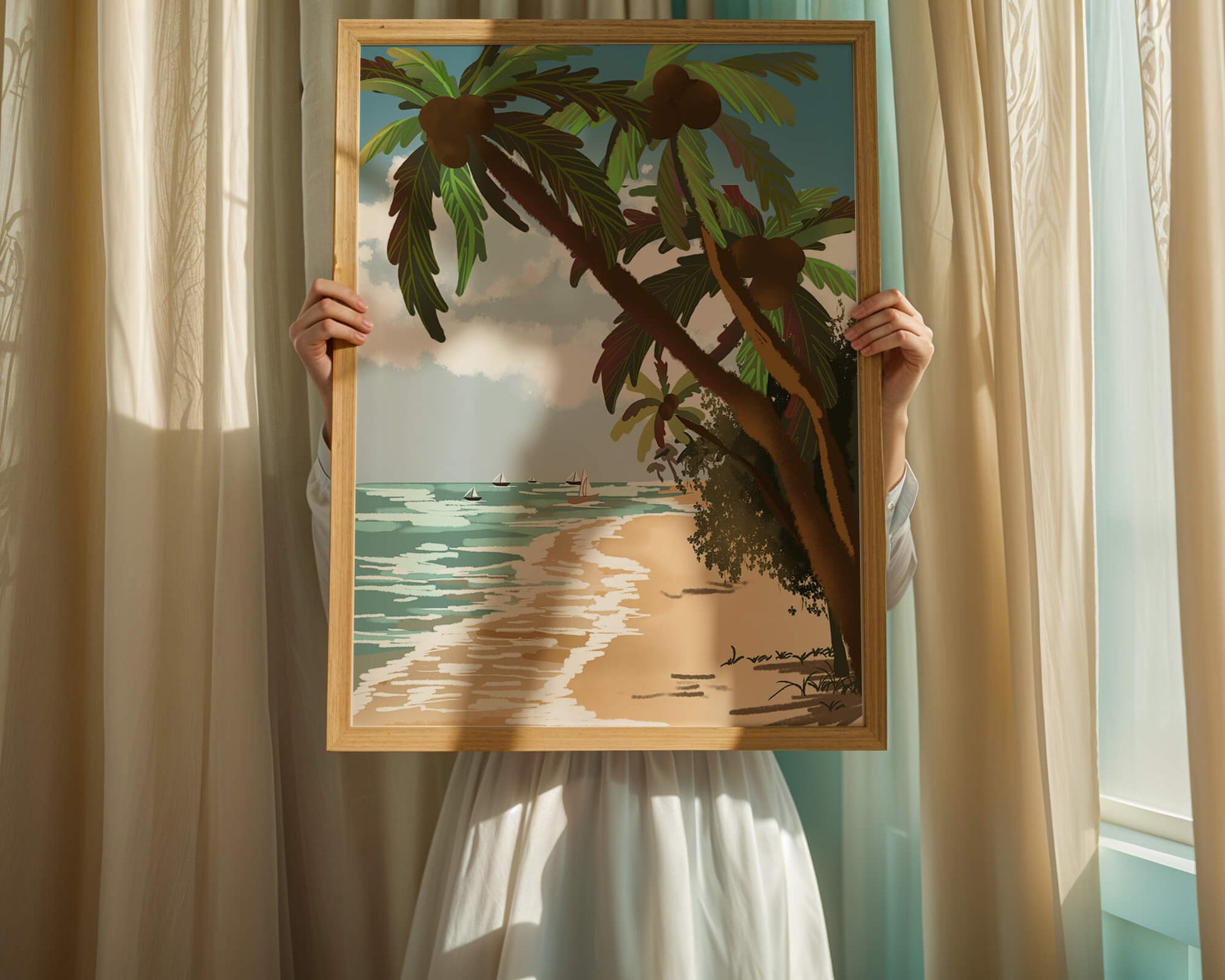 Tranquil Beach Scene with Palm Trees and Sailboats