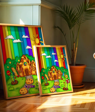 Whimsical candy house in a vibrant rainbow landscape